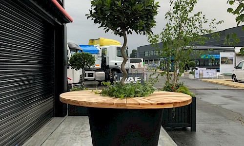 Renault- Shipping Container Unit sundial table with spiral bay tree