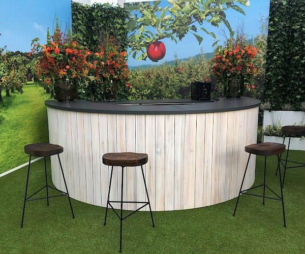 Wooden Bar with stools infront